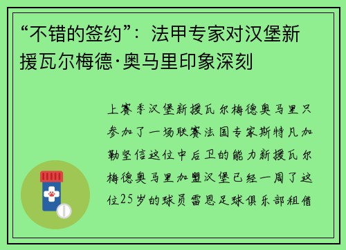 “不错的签约”：法甲专家对汉堡新援瓦尔梅德·奥马里印象深刻